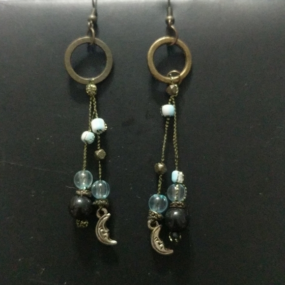 Antique Silver Blue Beaded Moon Dangle Statement Earrings - Picture 1 of 1
